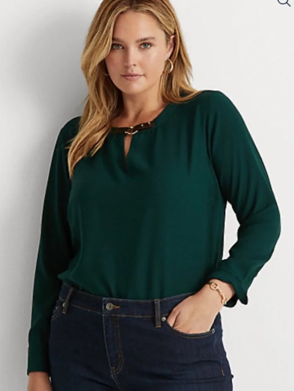 Lauren Ralph Lauren Black Label Buckle Keyhole Chiffon Blouse Deep Pine S/P